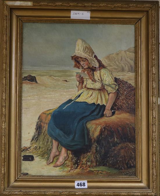 L N Harding, oil on canvas, fishergirl on the beach, signed and dated 1885-6 40 x 30cm.